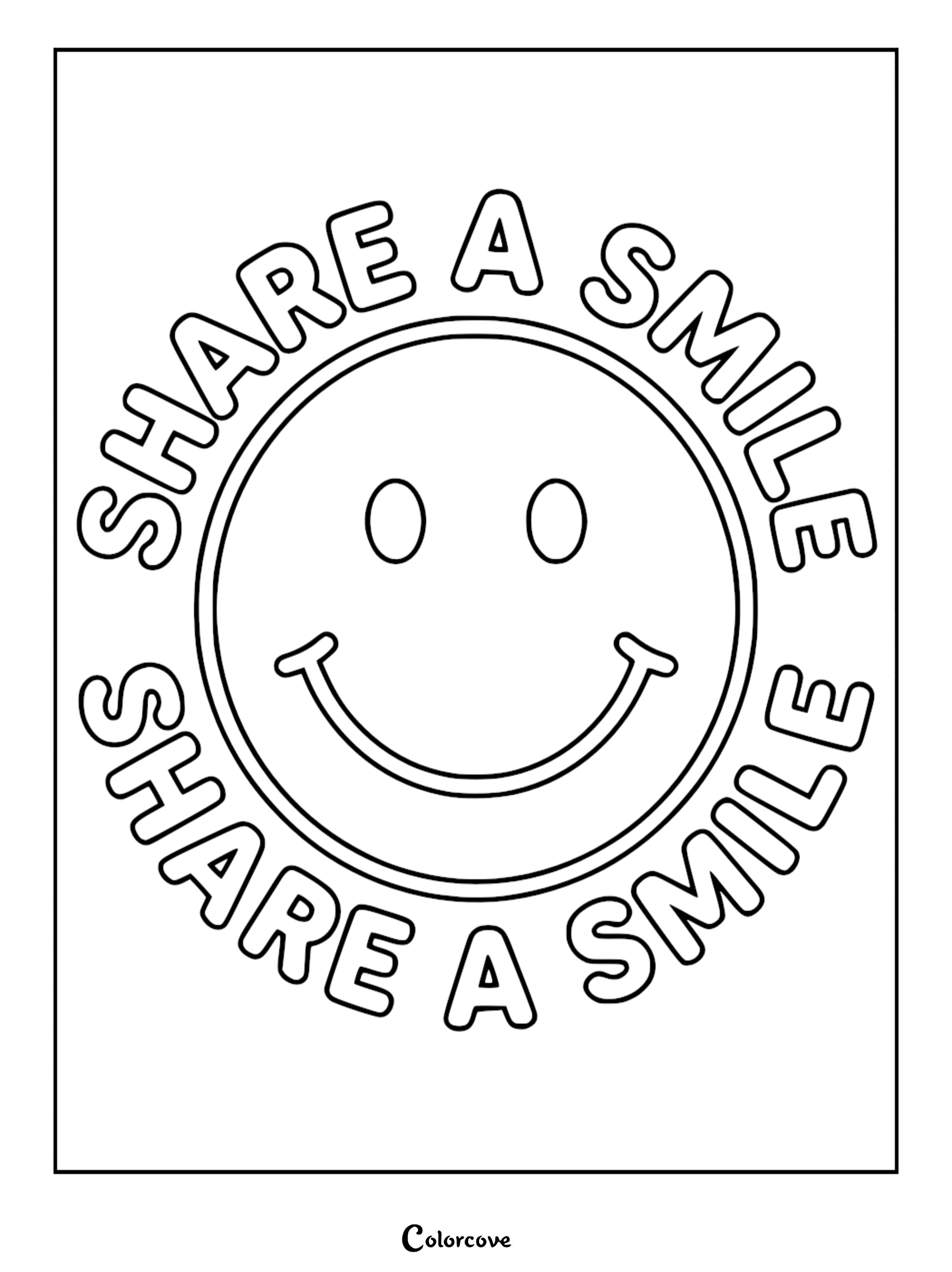 A printable kindness coloring page featuring a large, centered smiley face icon surrounded by the bold, circular text 'SHARE A SMILE'.