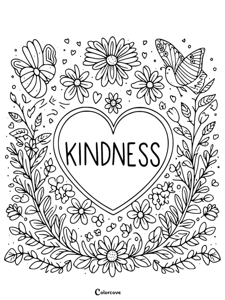 A kindness heart coloring page featuring the word 'Kindness' inside a large heart, surrounded by daisy flowers, leaves, and butterflies.