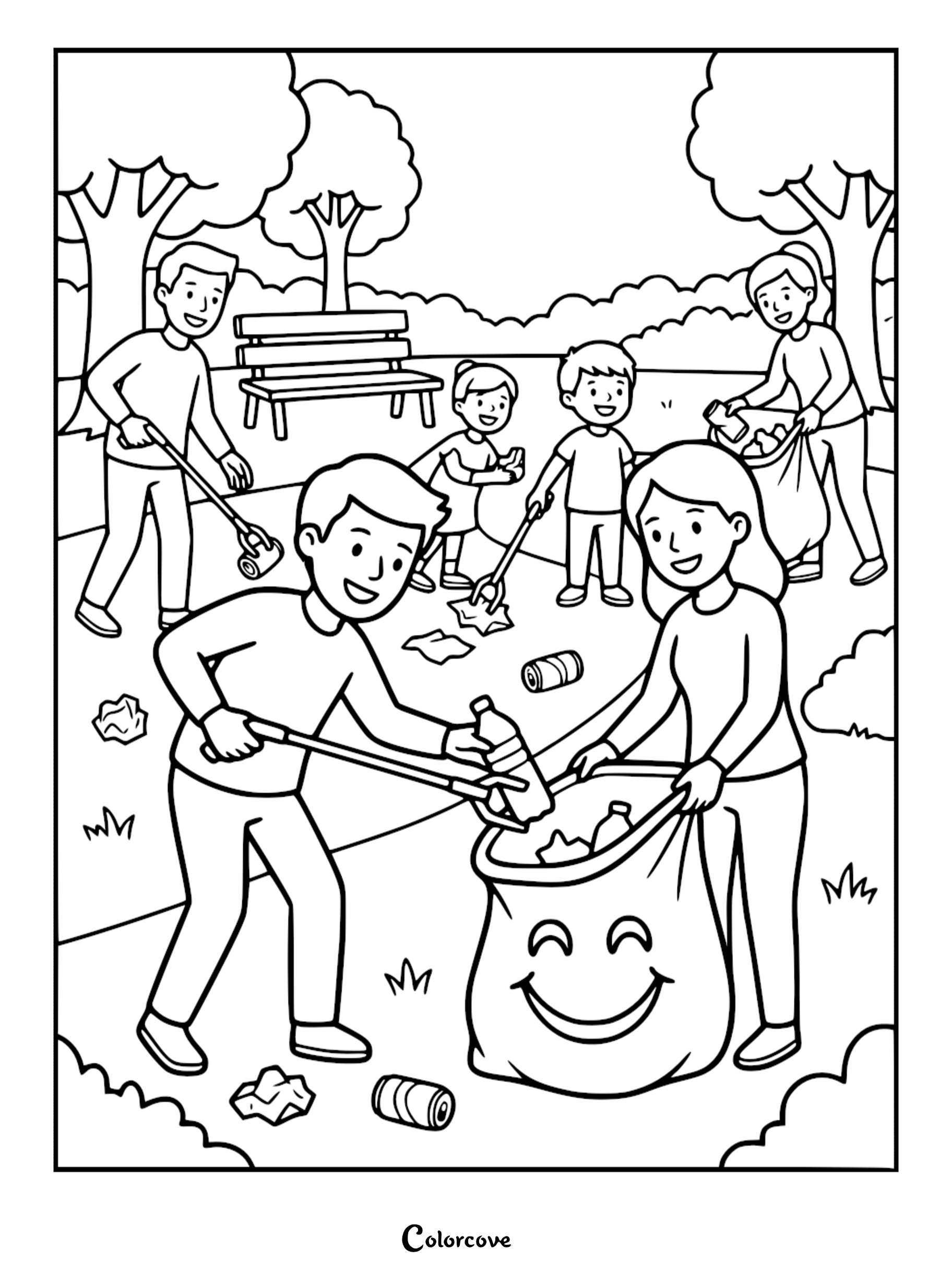 Children and adults picking up litter with grabber tools in a park on this black and white printable coloring page.