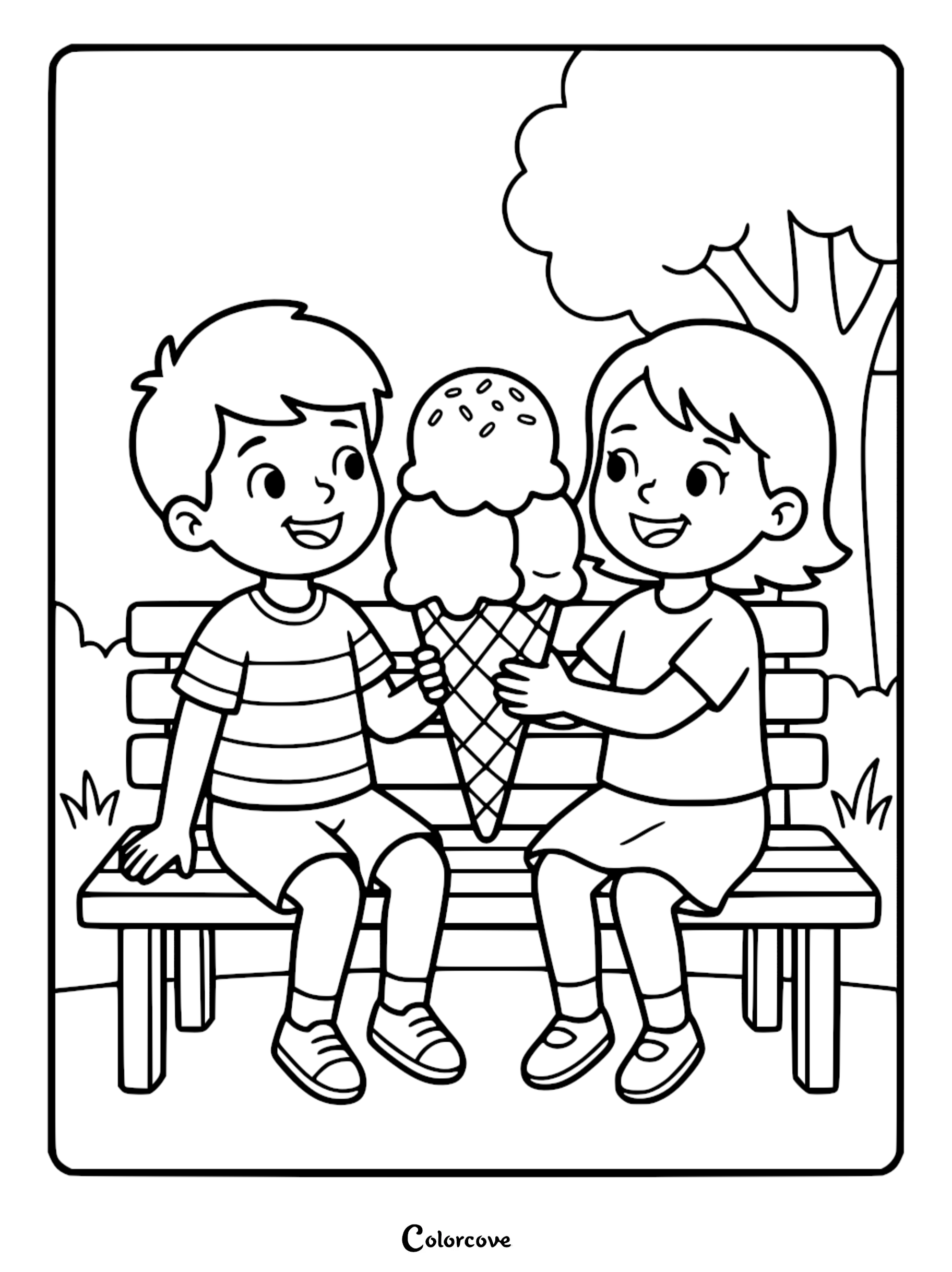 A boy and girl sitting on a park bench sharing a large double-scoop ice cream cone, line art coloring page.