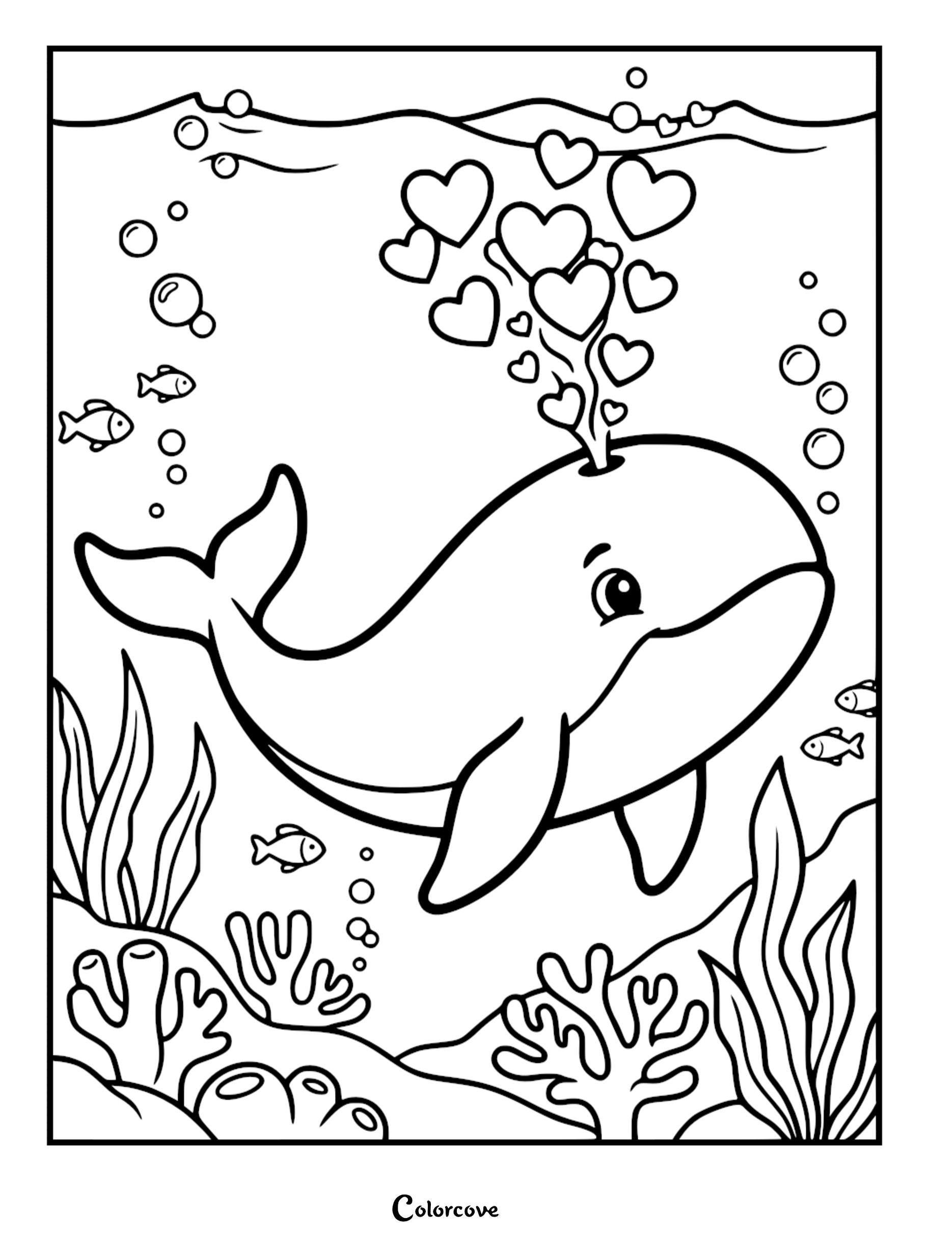 A friendly cartoon whale swimming underwater, exhaling a fountain of hearts from its blowhole, surrounded by bubbles, small fish, seaweed, and coral reefs in this printable coloring page.