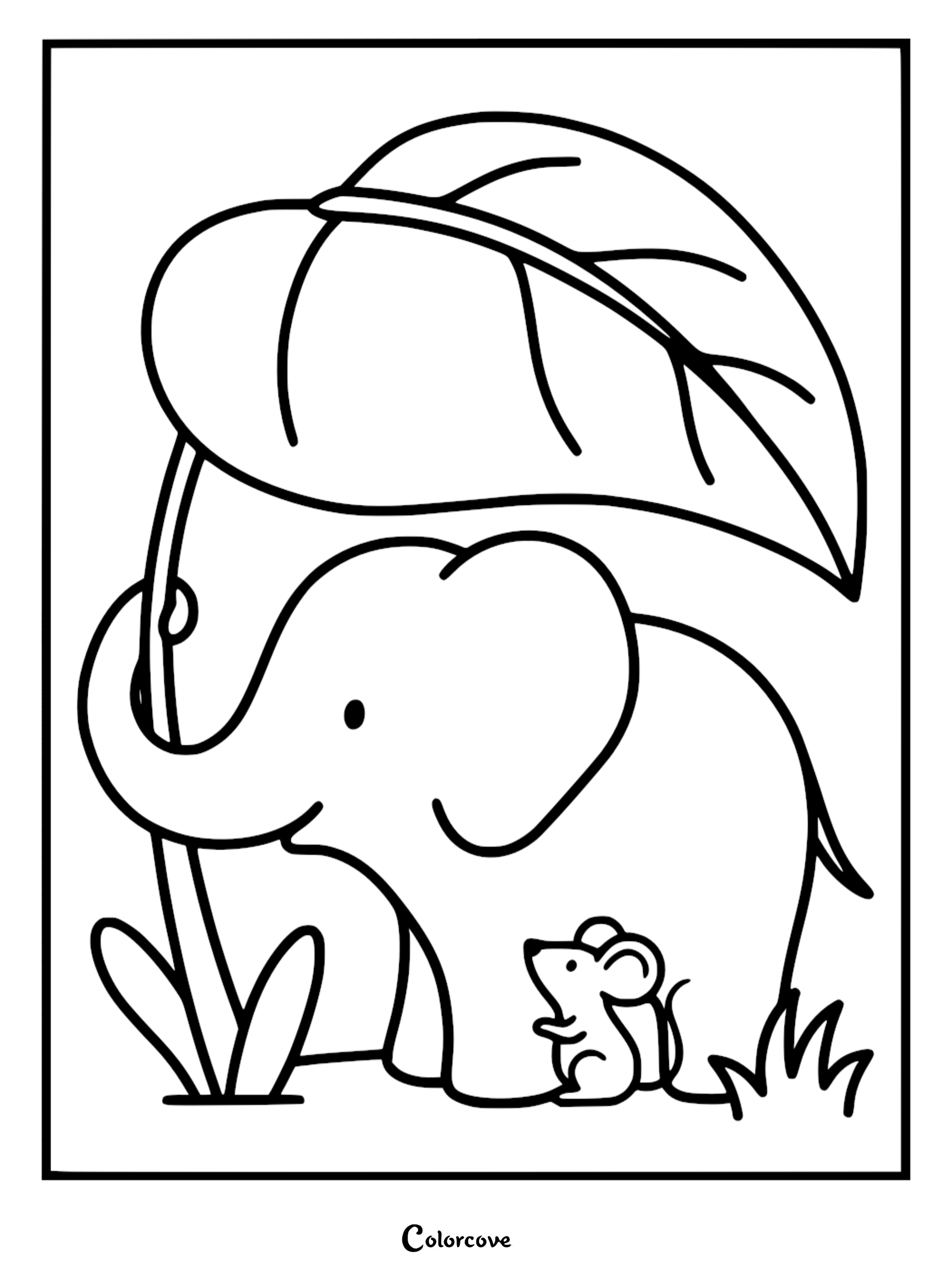 A friendly elephant holding a large leaf over a tiny mouse as an umbrella in this printable kindness-themed coloring page.