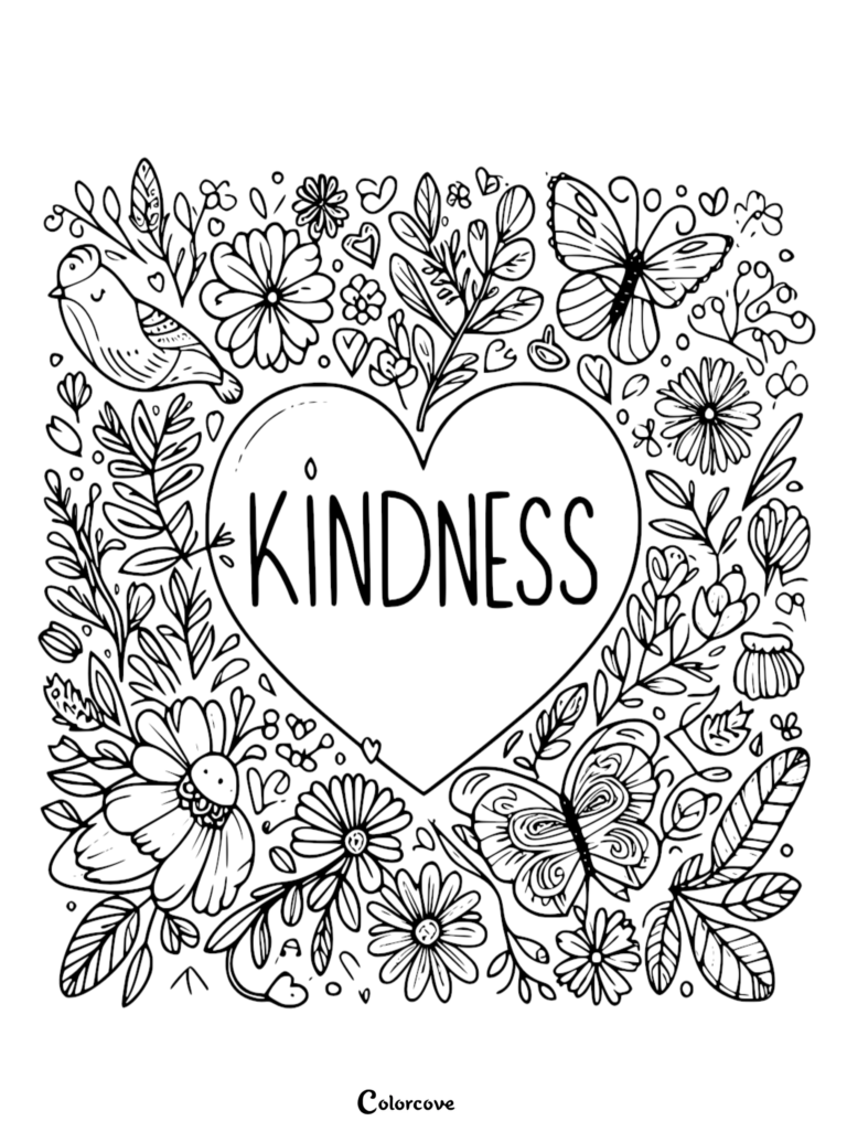 A detailed coloring page featuring a large central heart with the word Kindness written inside, surrounded by butterflies, birds, and intricate wildflower patterns.