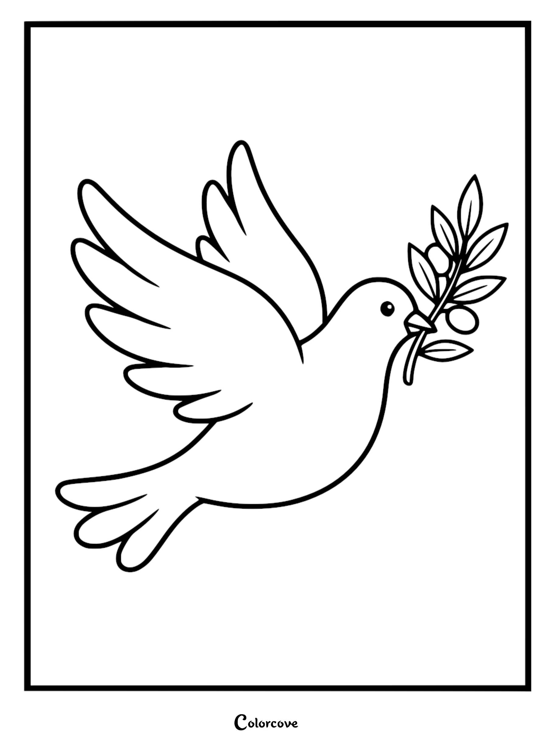 A simple black and white line art coloring page featuring a flying dove holding an olive branch in its beak as a symbol of kindness and peace.