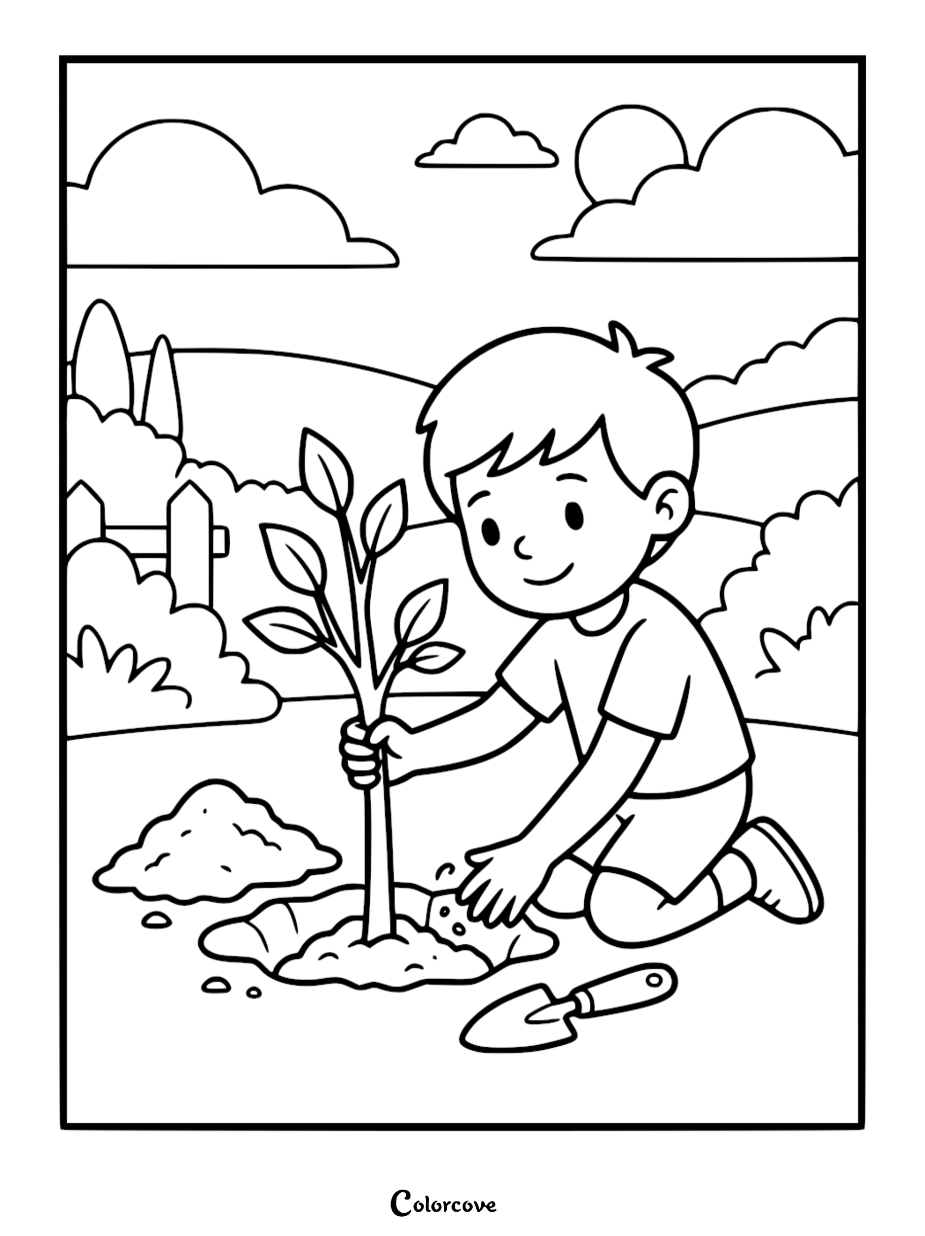 A young boy kneeling in a garden planting a small sapling into the soil, coloring page with a garden shovel nearby, hills and clouds in the background.