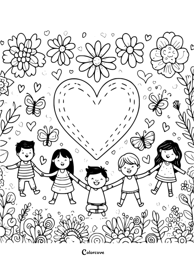 A printable coloring page featuring five diverse children holding hands in a line beneath a large stitched heart surrounded by butterflies and blooming garden flowers.