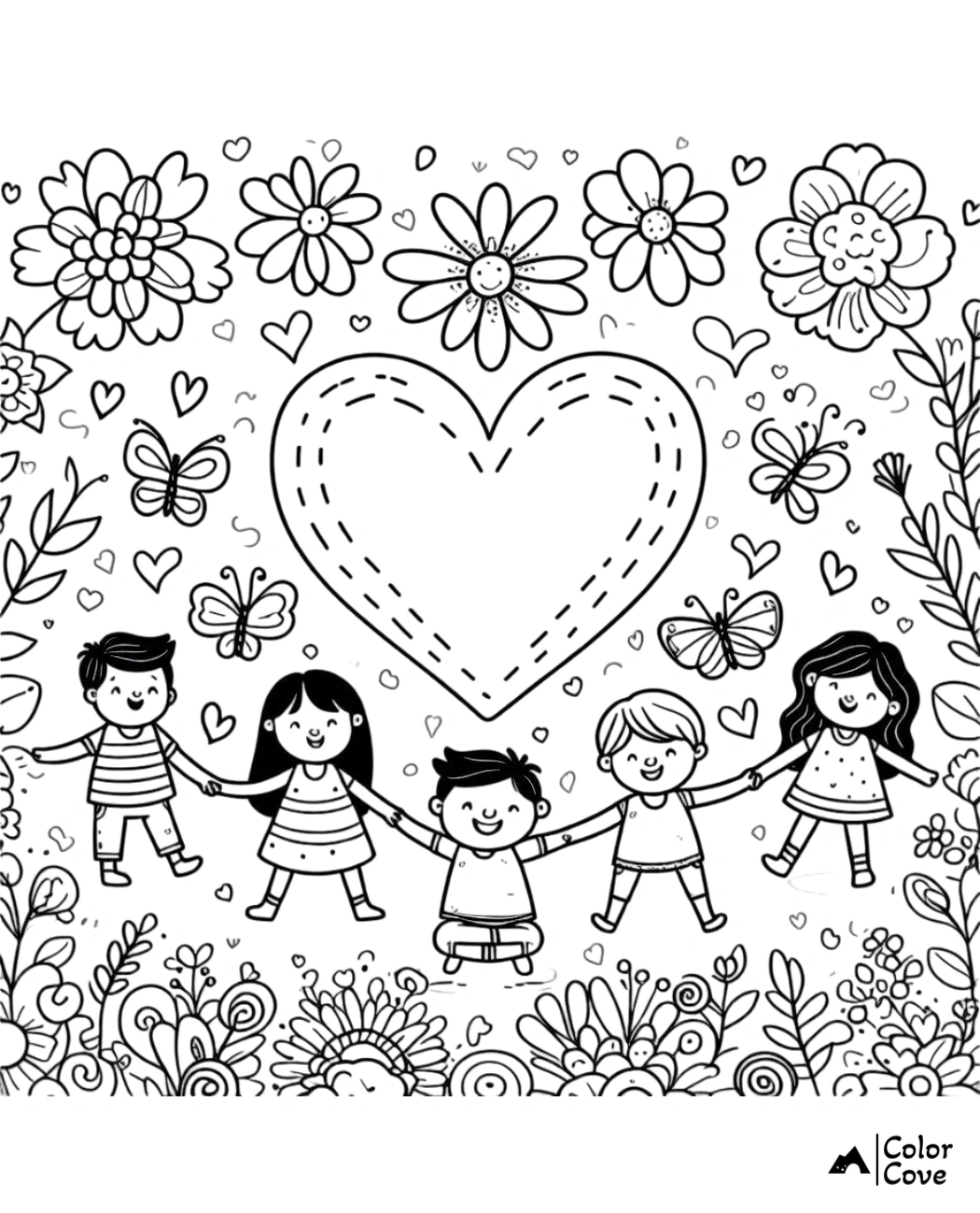 a coloring page of a group of kids holding hands