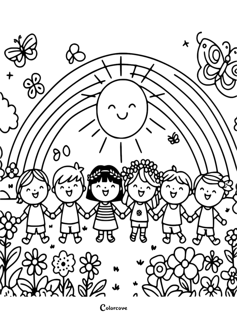 A line art coloring page featuring six diverse happy children holding hands in a flower garden under a smiling sun and rainbow with butterflies.