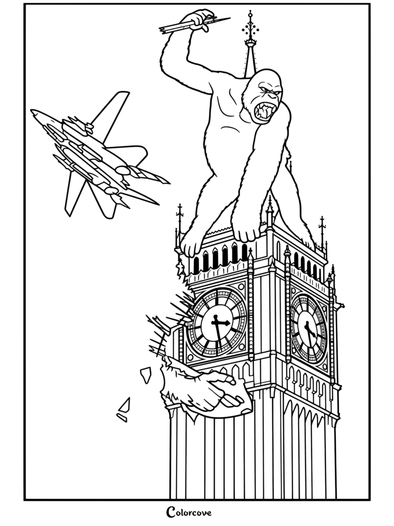 Dibujo para colorear para niños y adultos de King Kong escalando y destrozando la torre del Big Ben mientras sobrevuela un caza.