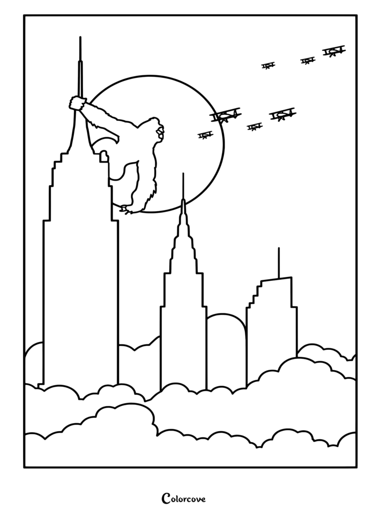 Dibujo para colorear de King Kong trepando por el Empire State Building, rodeado de biplanos con la luna llena de fondo.