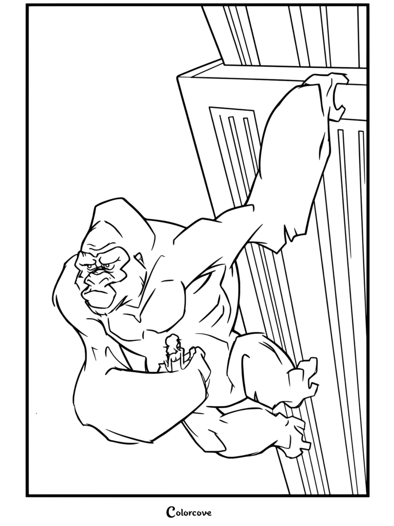 Dibujo para colorear de King Kong escalando un rascacielos mientras sostiene a Ann Darrow en la mano.