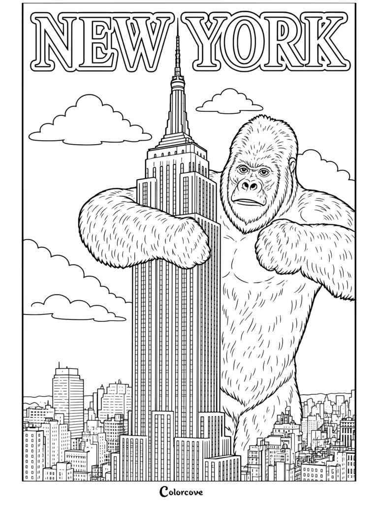 Dibujo para colorear de King Kong aferrándose al Empire State Building sobre Nueva York.