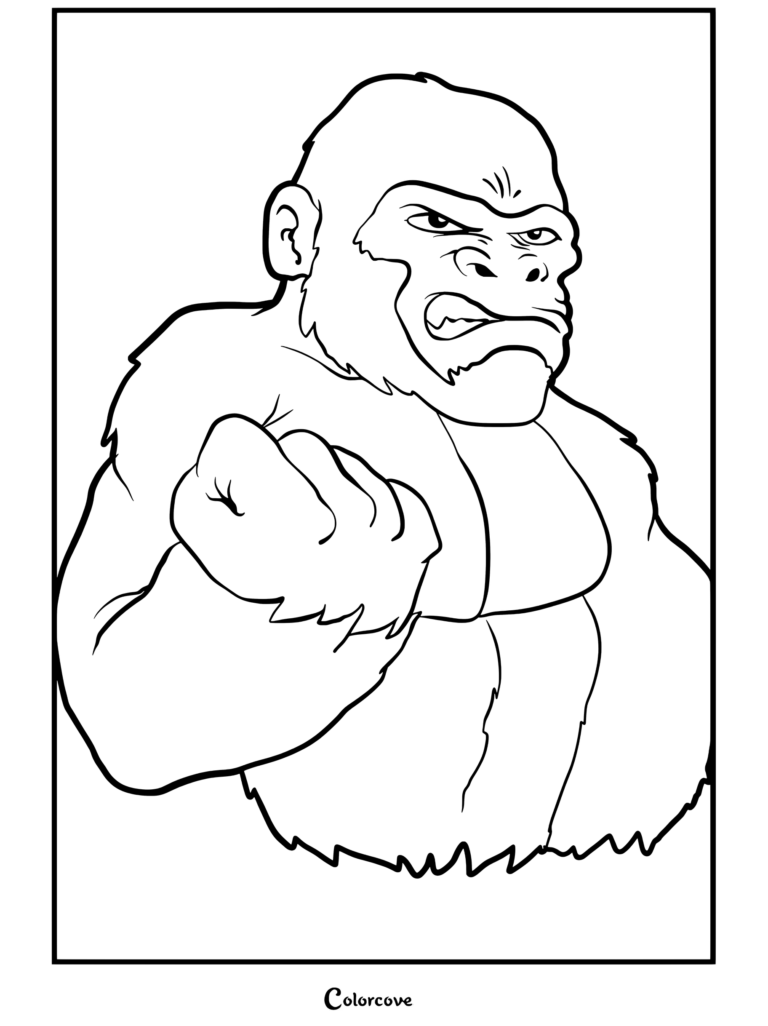 Dibujo para colorear de King Kong como mascota de dibujos animados, un gorila feroz levantando el puño