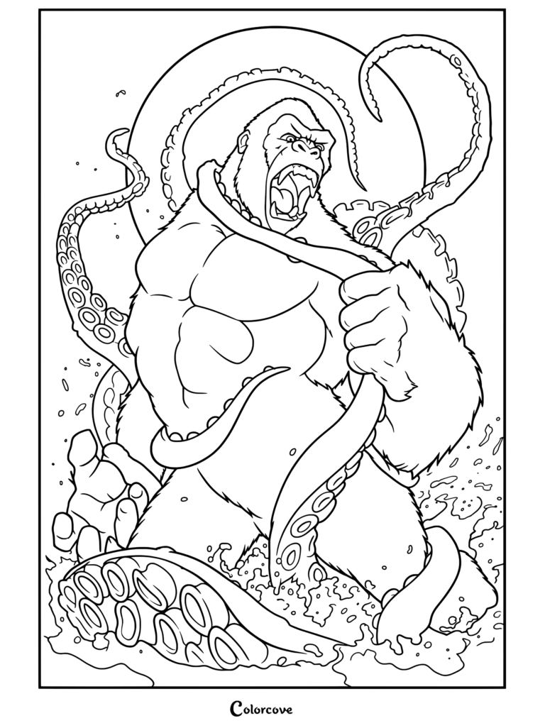 Dibujo para colorear de King Kong rugiendo mientras lucha en el agua contra un pulpo gigante ante un sol rojo.