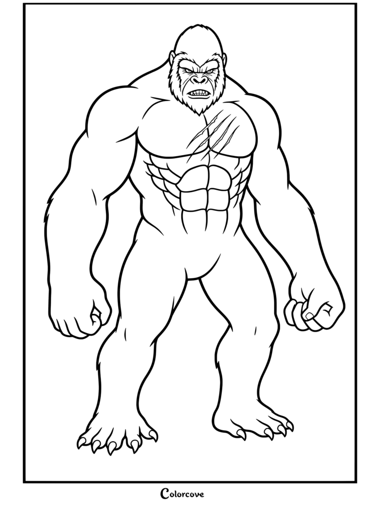 Dibujo para colorear de King Kong mostrando a un gorila musculoso de pie con cicatrices en el pecho y los puños cerrados