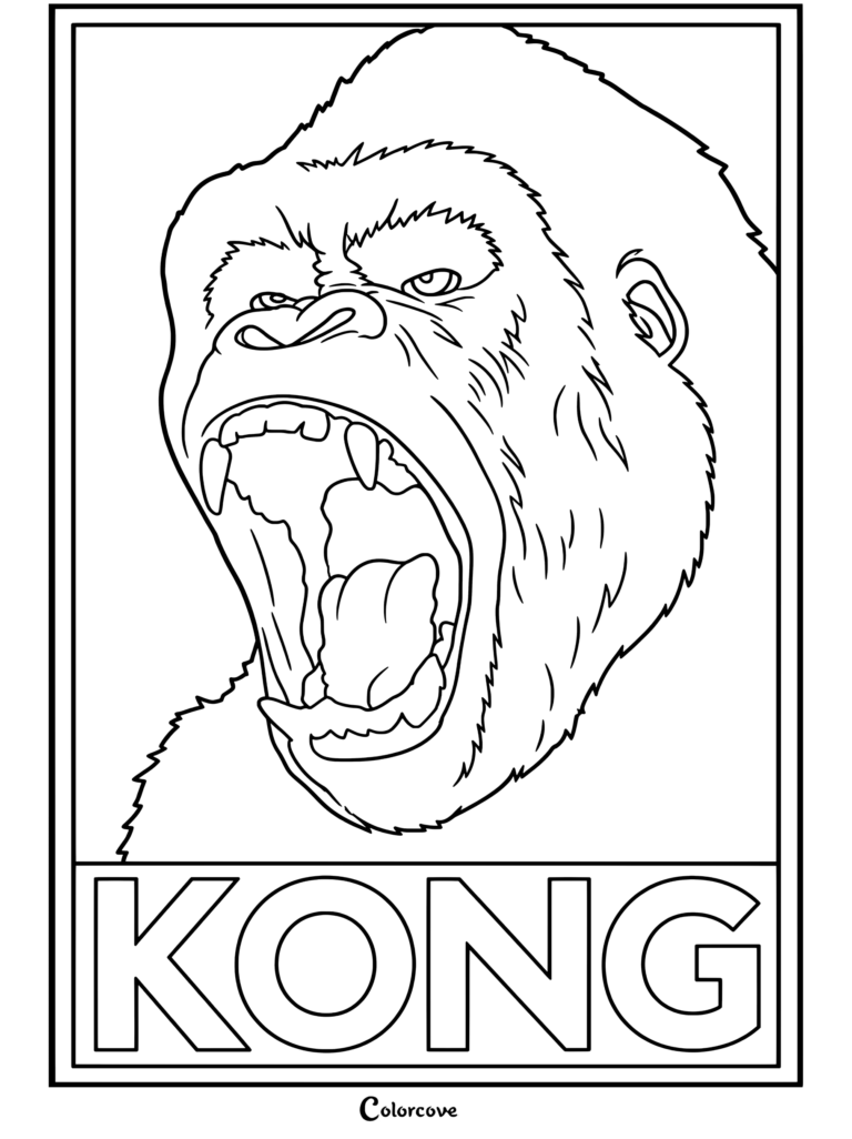 Dibujo para colorear de King Kong al estilo del cartel Hope de Obama, mostrando al gorila rugiente con el texto King Kong en la parte inferior.
