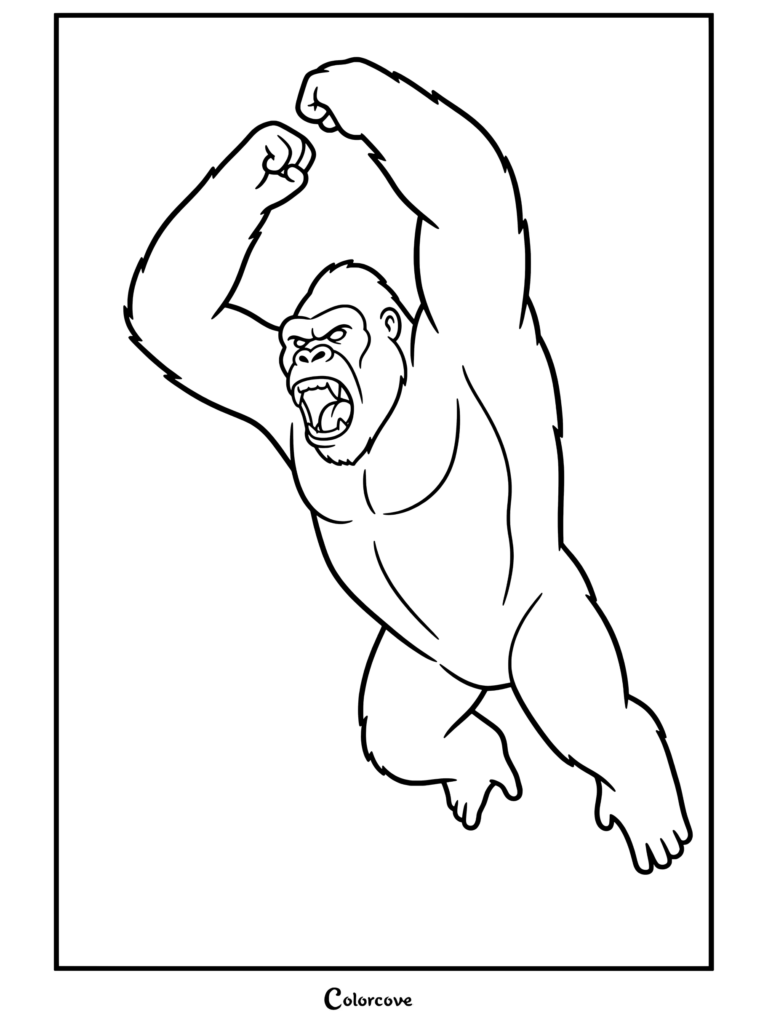 Dibujo para colorear de King Kong rugiendo y saltando con los brazos levantados en una pose agresiva