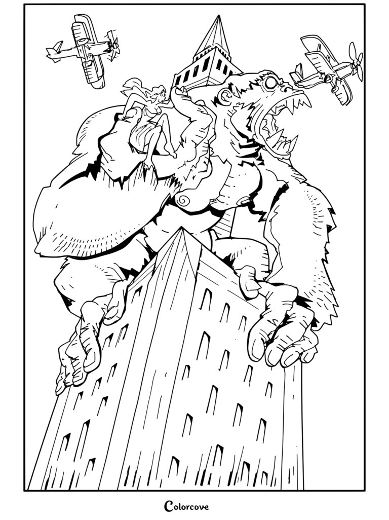 Dibujo para colorear de King Kong rugiendo en la cima de un rascacielos mientras sostiene a una mujer rubia y ataca biplanos.