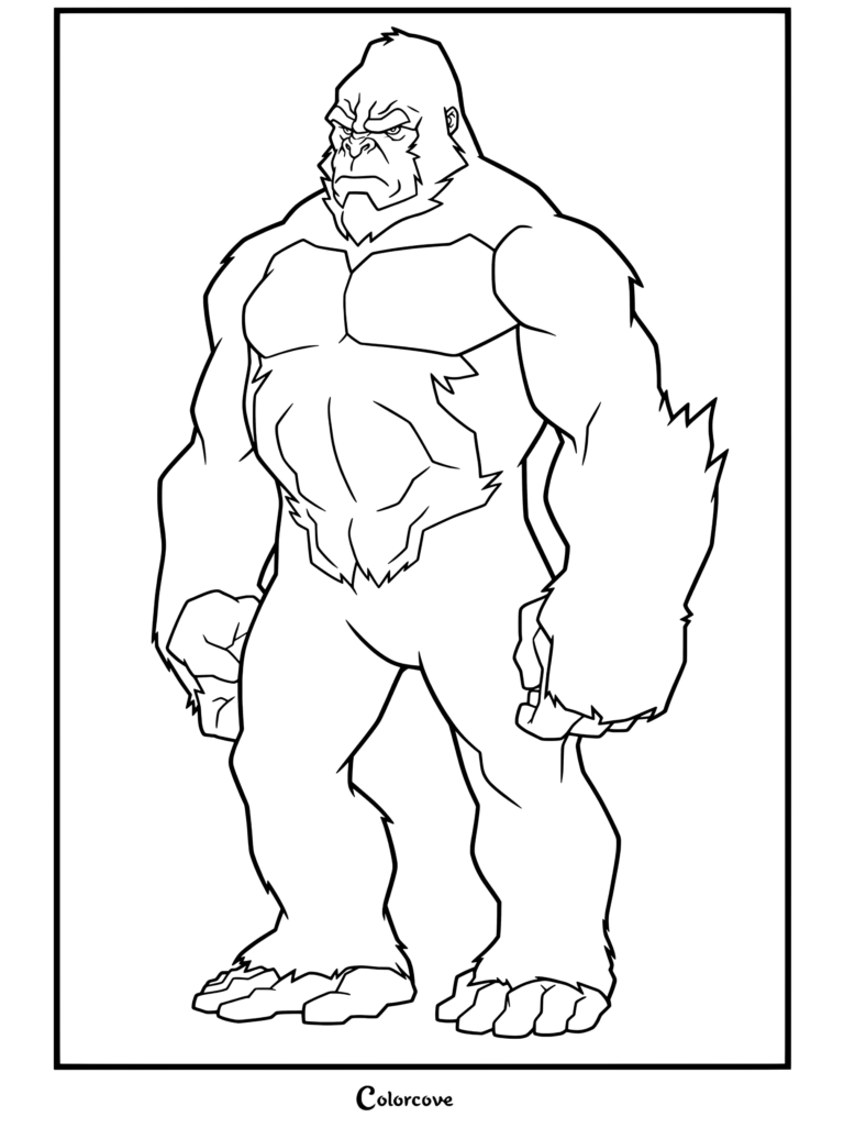 Dibujo para colorear de King Kong animado, imponente con expresión seria y el pecho marcado por cicatrices, para niños y adultos.