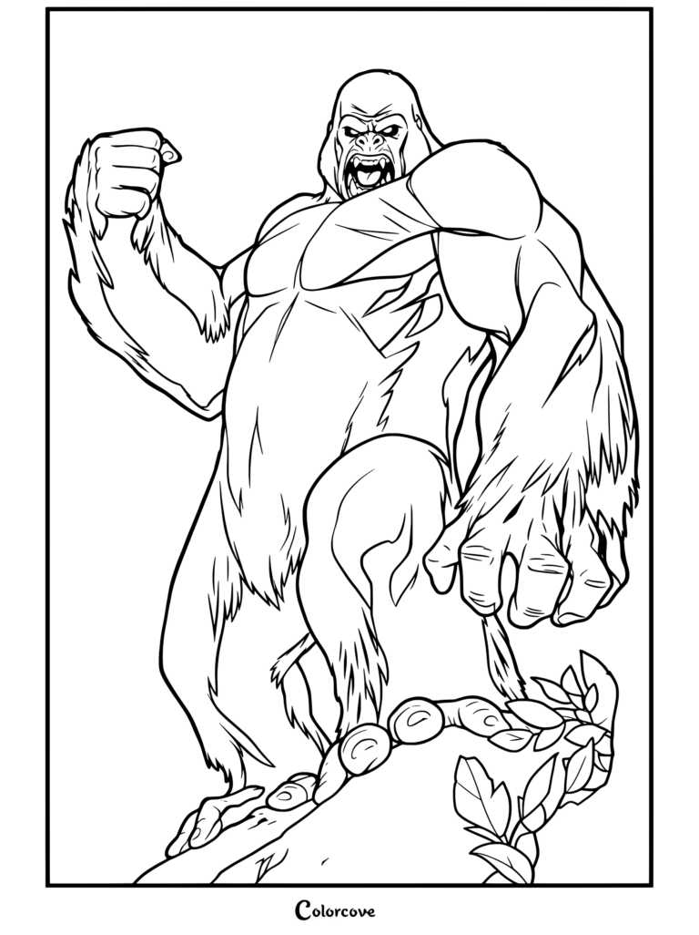 Dibujo para colorear de King Kong rugiendo ferozmente sobre una roca, con el puño en alto y el brazo extendido