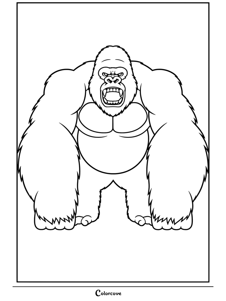 Dibujo para colorear de King Kong mostrando al simio gigante rugiendo ferozmente, con enormes brazos musculosos y los dientes al descubierto