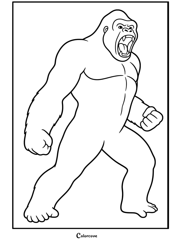Dibujo para colorear de King Kong de pie en pose agresiva, rugiendo con la boca abierta y luciendo su musculosa figura