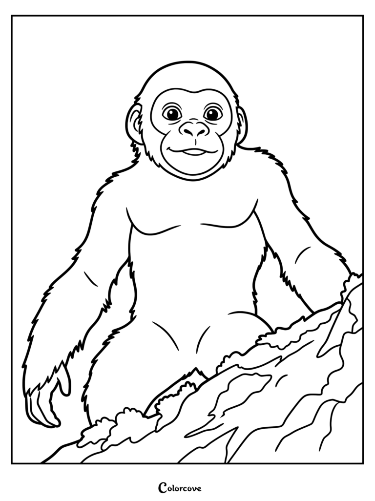 Coloriage de Bébé Suko représentant le jeune primate de King Kong perché sur une falaise rocheuse.