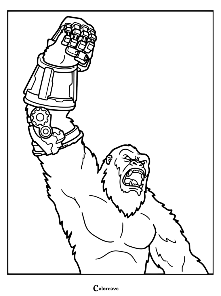 Coloriage gratuit de King Kong portant le gant B.E.A.S.T. à son bras droit dans le film Godzilla x Kong : Le Nouvel Empire.