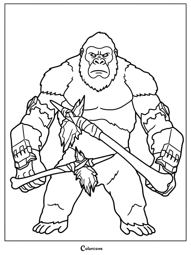 Coloriage de King Kong avec une double hache et deux gants Beast pour enfants et adultes.