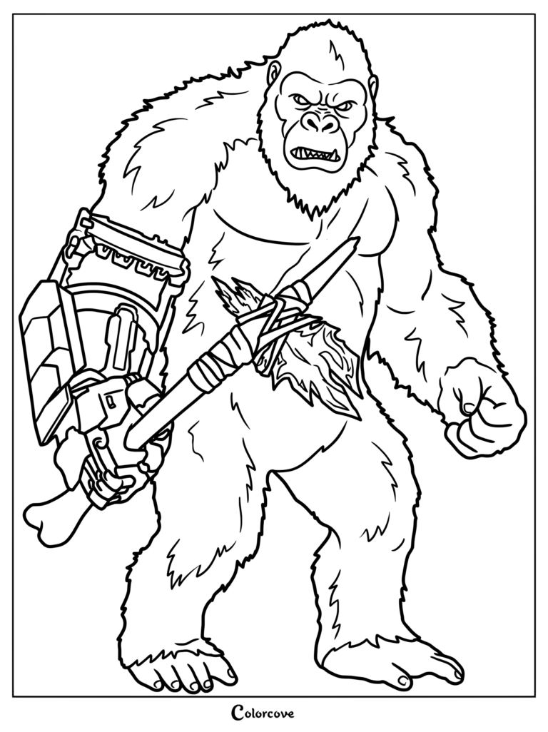 Coloriage de King Kong montrant King Kong avec le gant Beast et une hache, prêt pour le combat.