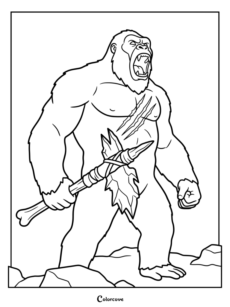Coloriage de King Kong rugissant tout en brandissant sa hache de combat luminescente et chargée d'énergie dans Godzilla vs. Kong