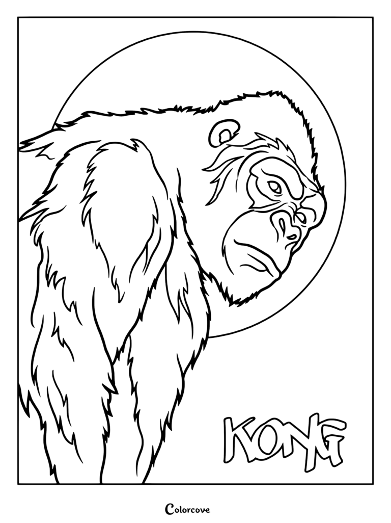 Dibujo para colorear de King Kong que muestra al simio gigante mirando sobre su hombro frente a la luna llena, con las letras de King Kong en estilo grafiti en la parte inferior