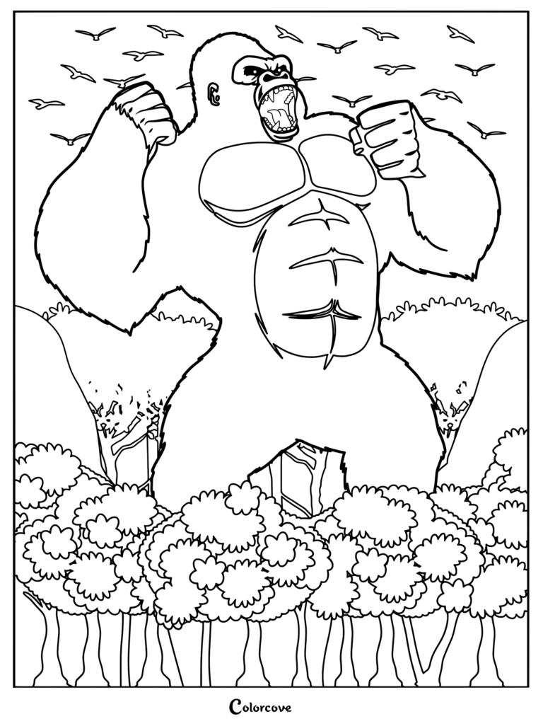 Dibujo para colorear de King Kong que muestra al gorila gigante rugiendo con los puños en alto sobre árboles y aves.