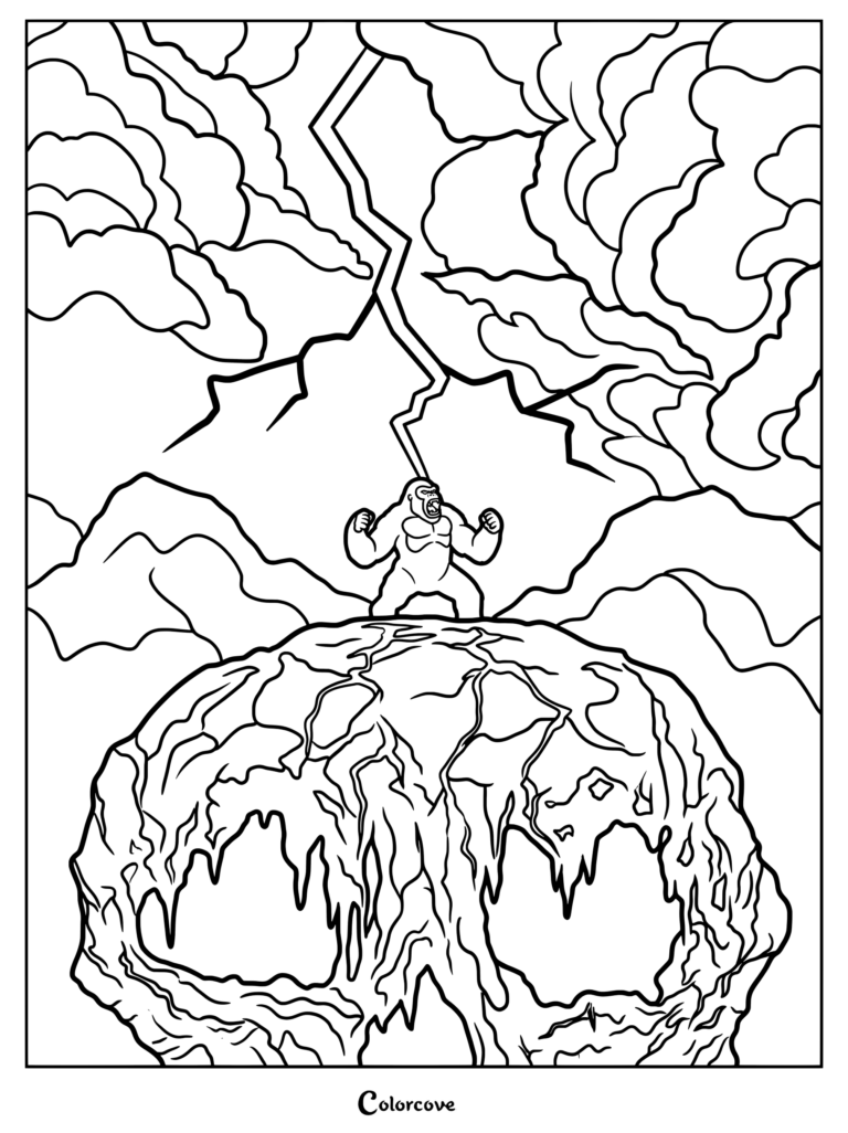 Dibujo para colorear de King Kong donde el imponente simio ruge en lo alto de una gigantesca roca con forma de calavera bajo un cielo tormentoso con relámpagos.