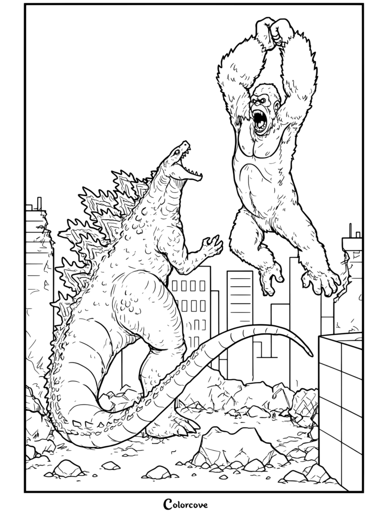Dibujo para colorear de la épica batalla entre Godzilla y King Kong en medio de las ruinas de una ciudad destruida