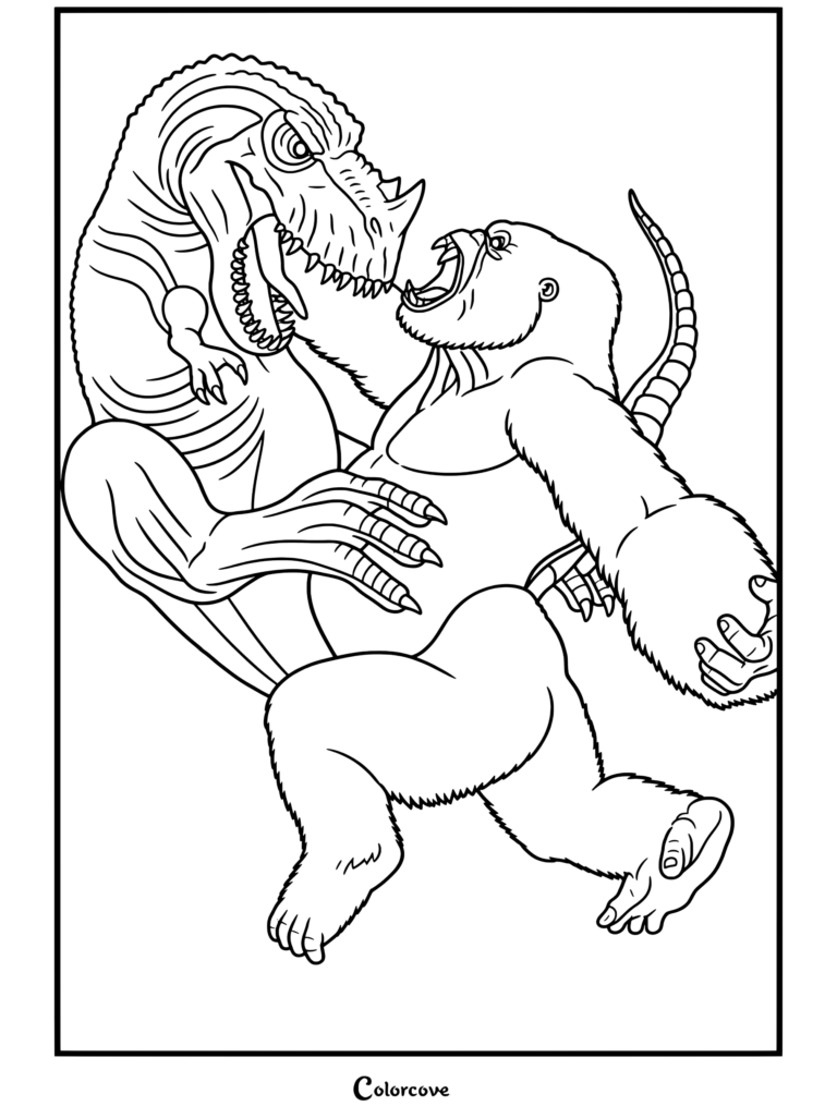 Dibujo para colorear de King Kong luchando contra un Vastatosaurus Rex verde en un épico combate de monstruos
