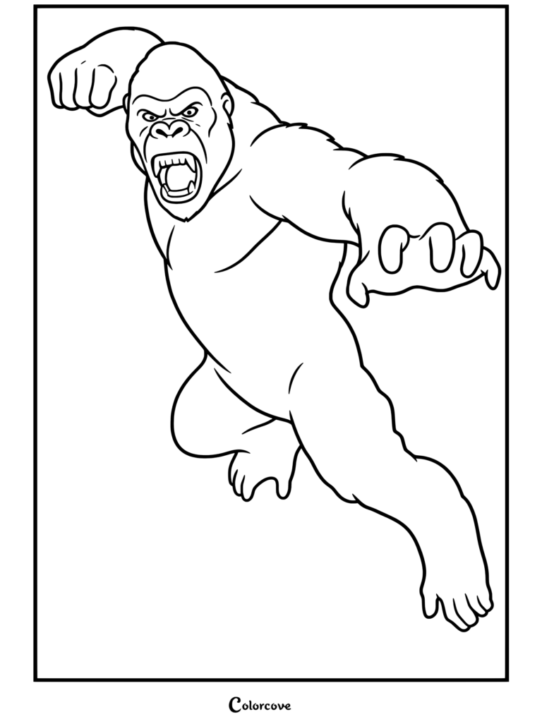 Dibujo para colorear de King Kong arremetiendo al rugir con las garras extendidas en una dinámica pose de batalla