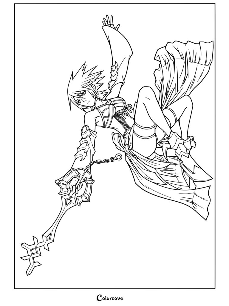 Dibujo para colorear de Kingdom Hearts con Aqua cayendo con elegancia mientras sostiene la Llave Espada Rainfell.