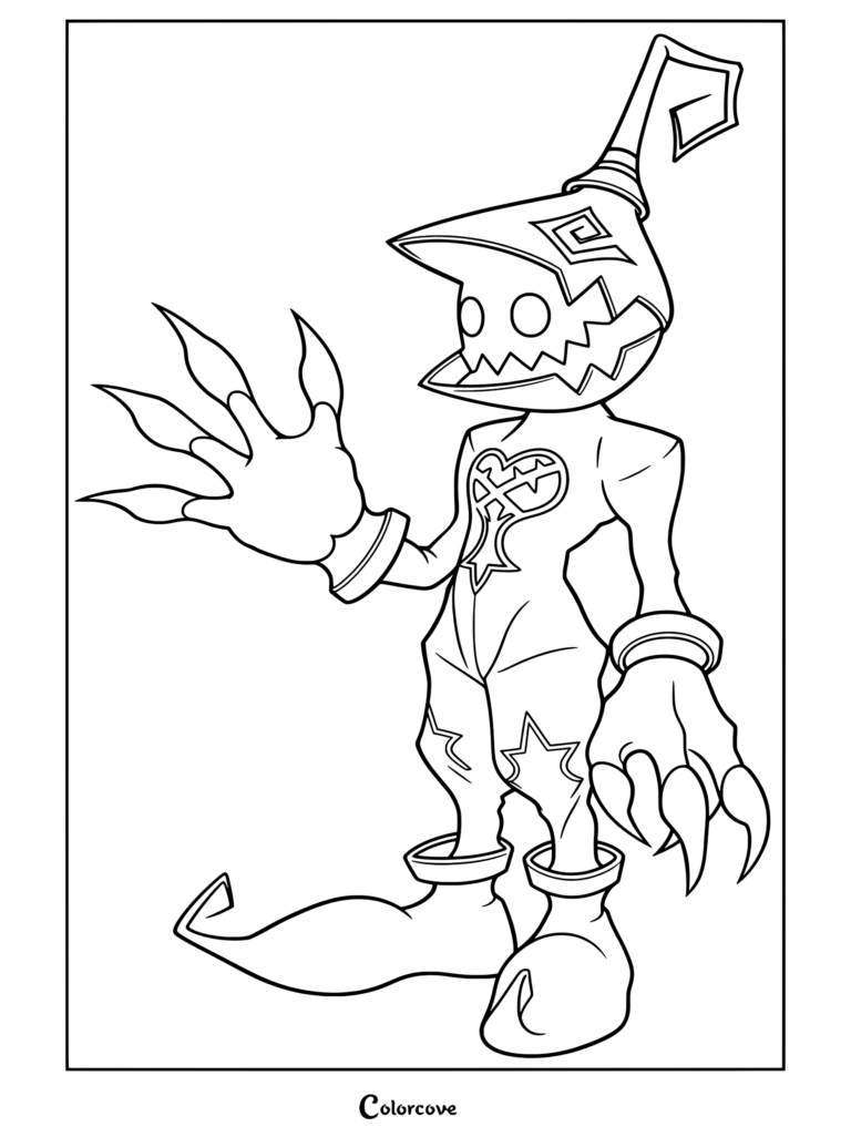 Dibujo para colorear de Kingdom Hearts con un Sincorazón Soldado de pie con garras largas y sombrero de bufón