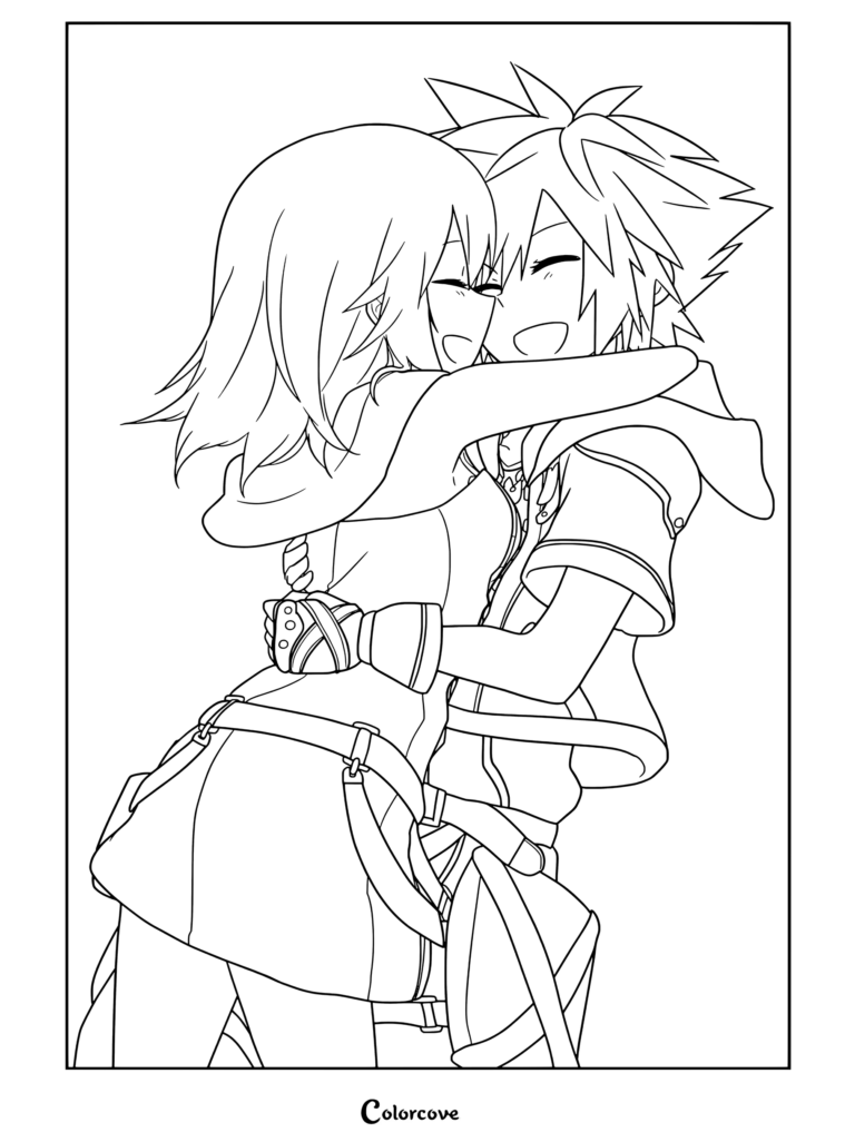 Dibujo para colorear de Kingdom Hearts con Sora y Kairi dándose un abrazo alegre ante un cielo azul