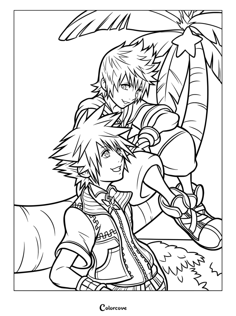 Dibujo para colorear de Kingdom Hearts con Sora y Roxas relajándose juntos bajo una palmera en las Islas del Destino al atardecer