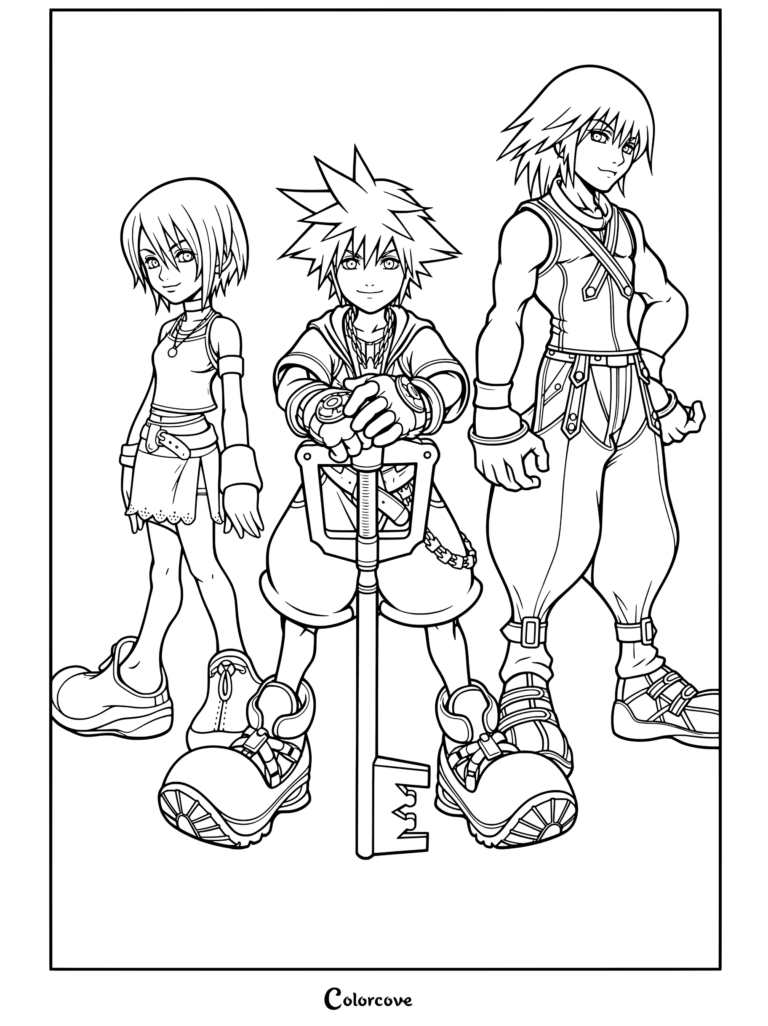 Dibujo para colorear de Kingdom Hearts con Sora, Riku y Kairi juntos, y Sora sosteniendo la Llave Espada Cadena del Reino.