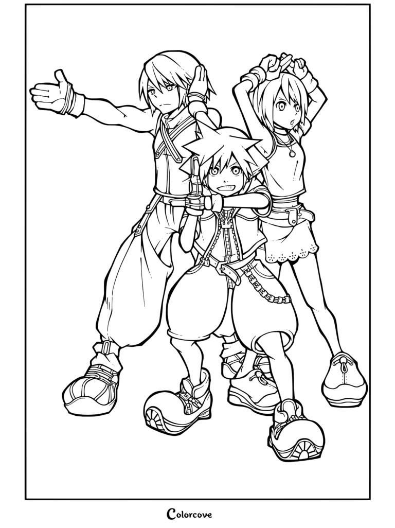 Dibujo para colorear de Kingdom Hearts con Sora, Riku y Kairi posando como un trío dinámico con sus atuendos clásicos
