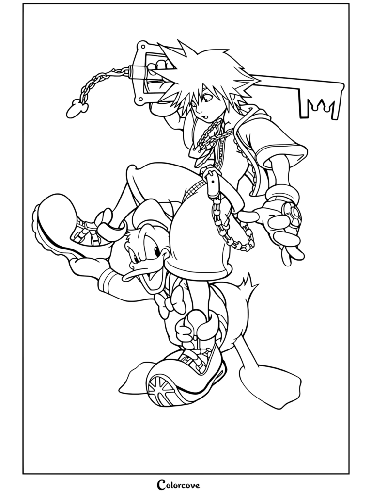 Dibujo para colorear de Kingdom Hearts con Sora pisando al Pato Donald mientras empuña la Llave Espada Cadena del Reino.