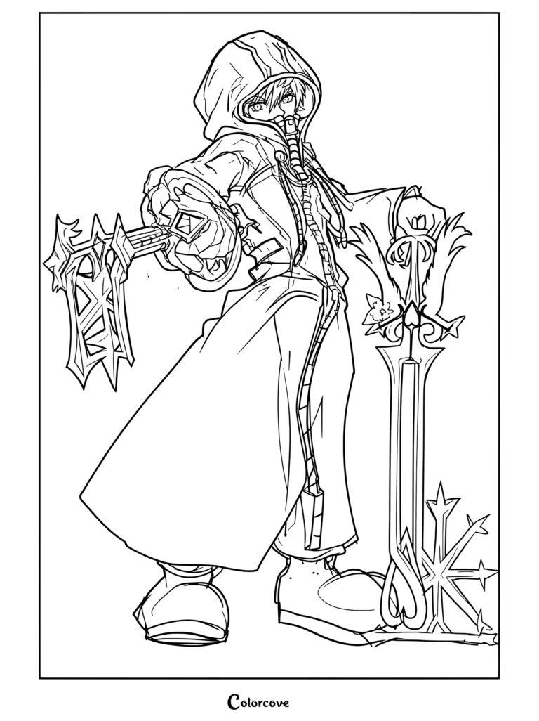 Dibujo para colorear de Kingdom Hearts con un híbrido de Ventus y Vanitas vistiendo el abrigo negro de la Organización XIII y sosteniendo dos Llaves Espada distintas.