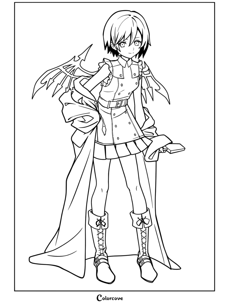 Dibujo para colorear de Kingdom Hearts con Xion vistiendo un abrigo de la Organización XIII sobre un vestido y sosteniendo un polo de helado