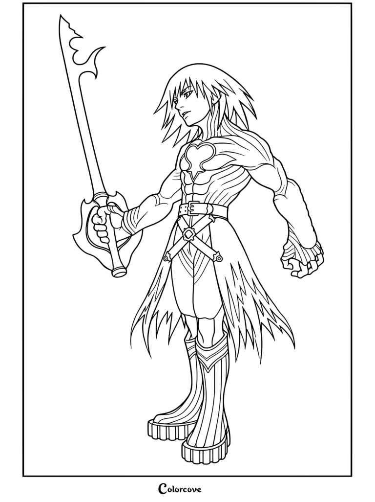 Dibujo para colorear de Kingdom Hearts con Riku poseído por Ansem sosteniendo la espada Comealmas.