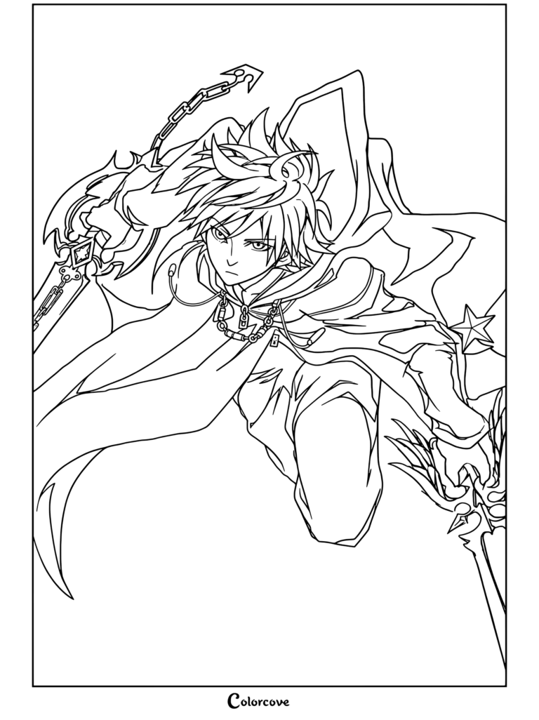 Dibujo para colorear de Kingdom Hearts con Roxas empuñando a dos manos Prometida y Recuerdos Lejanos mientras viste su abrigo de la Organización XIII.