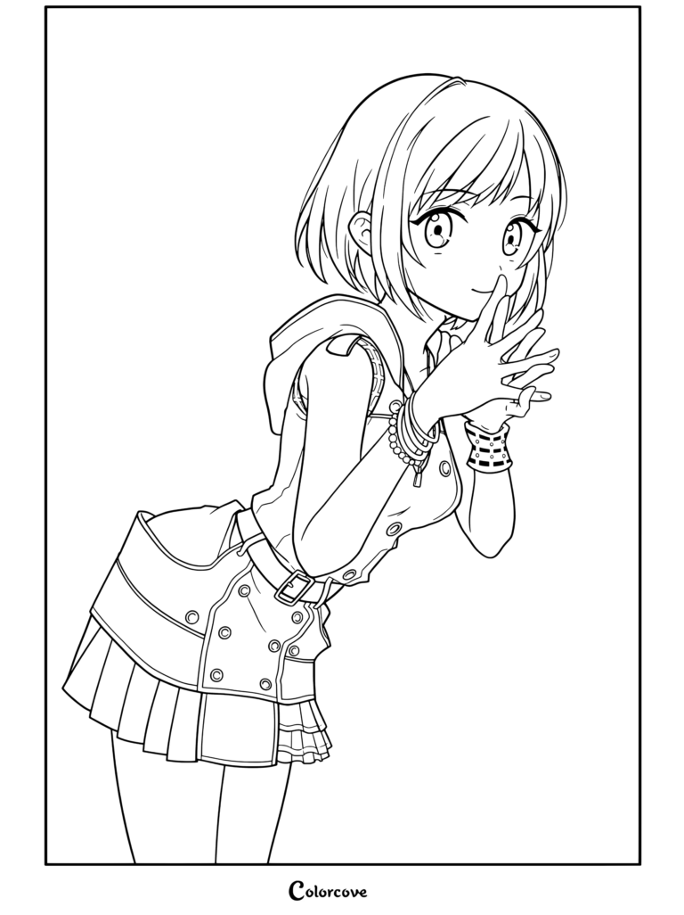 Dibujo para colorear e imprimir de Kairi de Kingdom Hearts III con sudadera y falda rosas, expresión juguetona y dedos tocándose cerca de su rostro.
