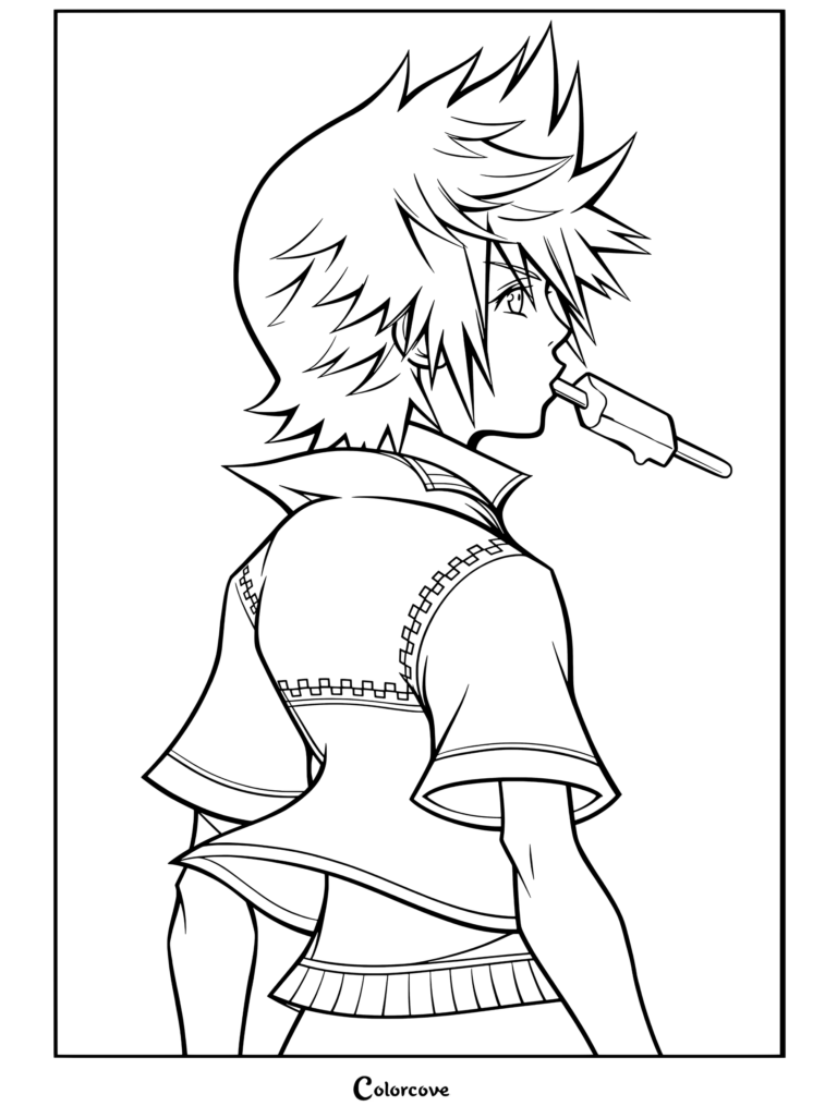 Dibujo para colorear de Kingdom Hearts con Roxas comiendo helado de sal marina